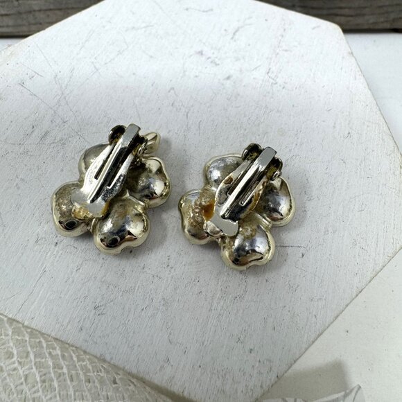 Vintage Gold Tone Four-Leaf Clover Clip-On Earrings With Iridescent Rhinestones - Picture 5 of 6